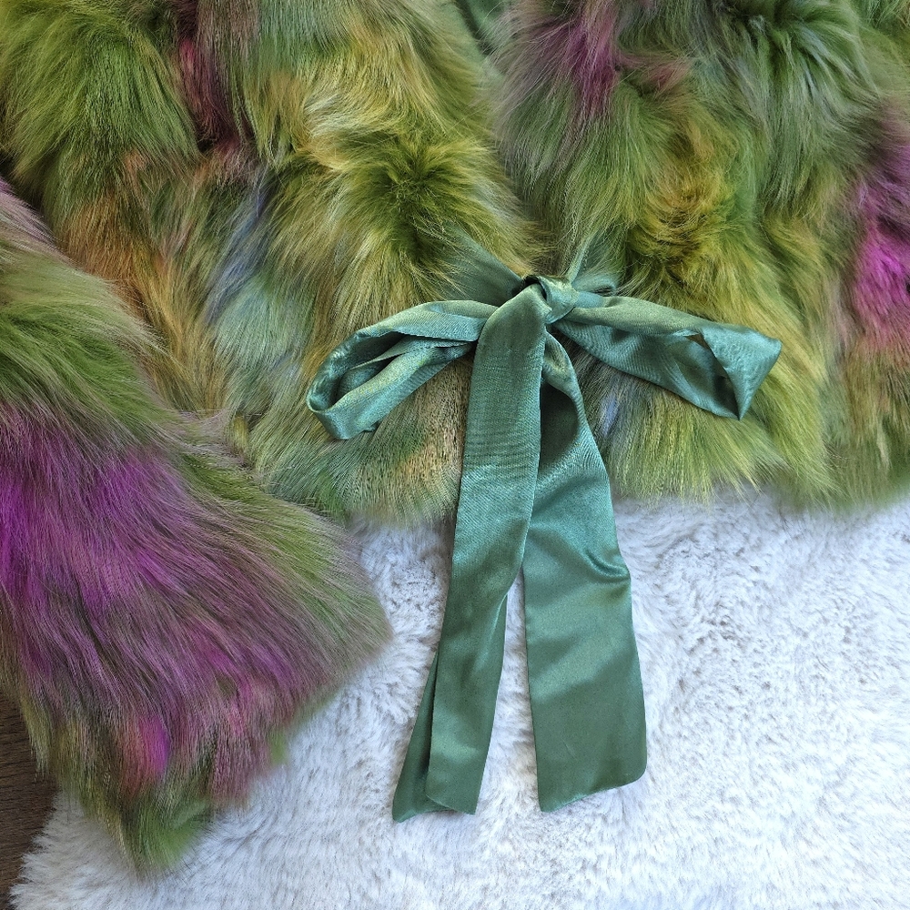 Vintage Y2K Rainbow Multicolored Ombre Fur Bow Crop Jacket - Picture 5 of 9